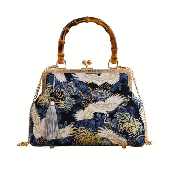 Japanese Kimono-Style Blue and Gold Bag with Crane Print, Bamboo Handle & Tassel - Picture 1 of 11